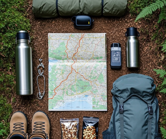 Outdoor adventure gear essentials including hiking boots, backpack, water bottle, rain jacket, trail map, snack, multifunctional key chain flashlight, heated vest, and adventure starter checklist spread on a dirt trail.
